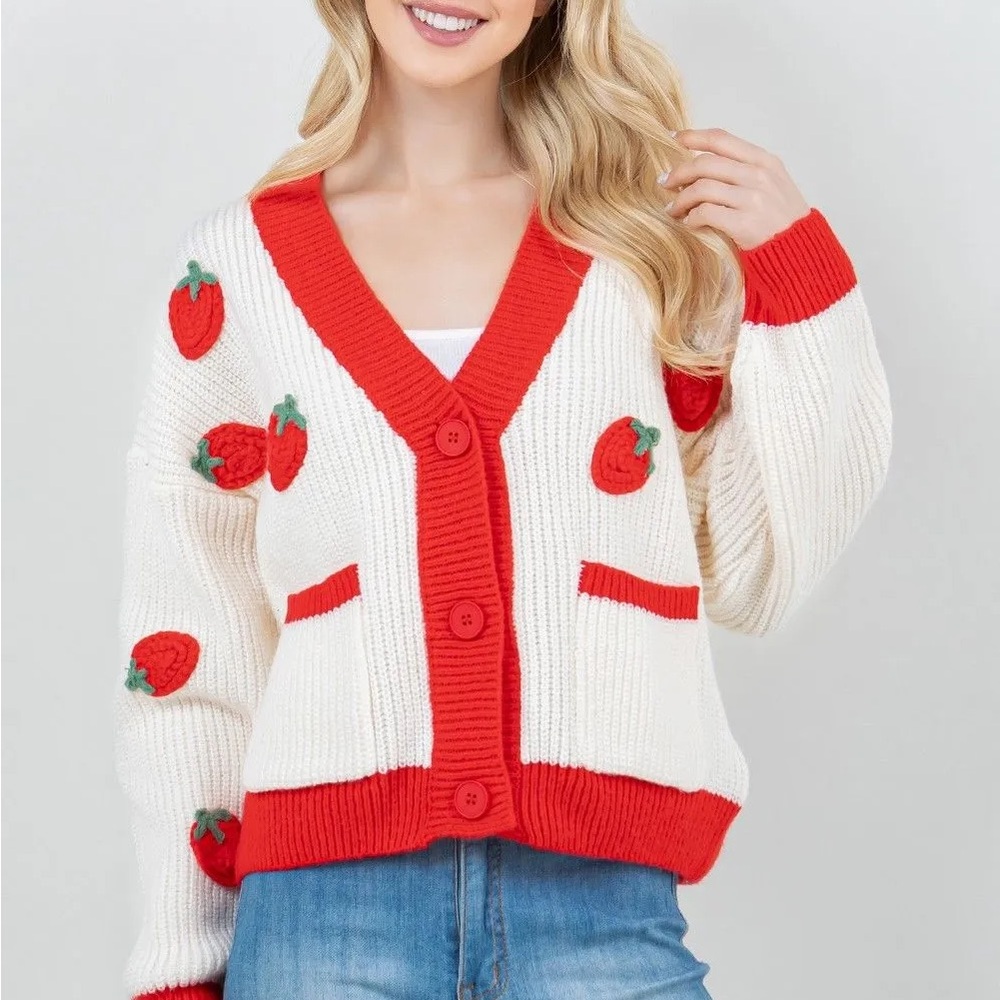Size S/M Strawberry Embroidered Cardigan Sweater - Red & White